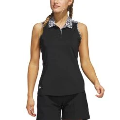 Adidas Women's Ultimate365 Printed Sleeveless Polo -Golf Equipment Store adidas ss23 womens ultimate365 printed sleeveless polo black itempicture
