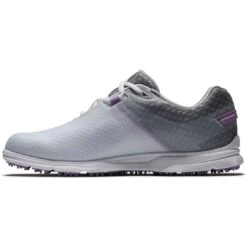 FootJoy Women's Pro SL Sport Golf Shoes White/Grey/Lilac -Golf Equipment Store footjoy womens pro sl sport golf shoes white grey lilac 98146 side itempicture