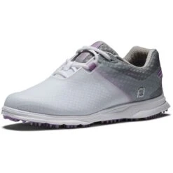 FootJoy Women's Pro SL Sport Golf Shoes White/Grey/Lilac -Golf Equipment Store footjoy womens pro sl sport golf shoes white grey lilac 98146 toe itempicture